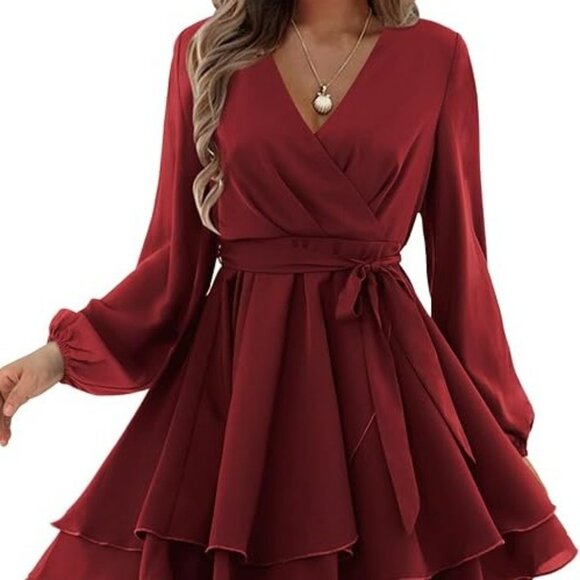 Women's Long Sleeve Wrap Mini Dress size 2XL in Burgundy - Picture 2 of 16